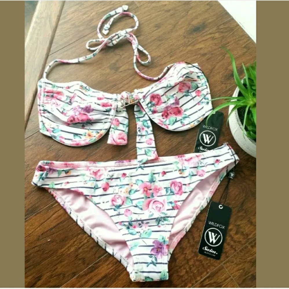 Rose Stripe Bikini Swimsuit Floral Underwire Small